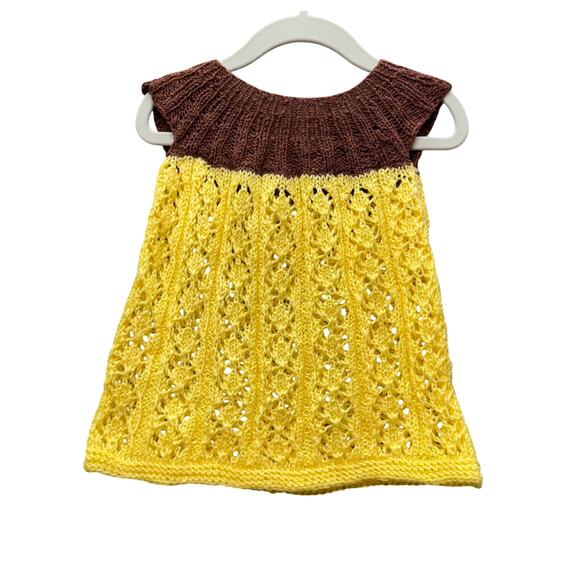 Toddler Girls Hand-Knit Crochet Tops-Yellow & Brown Short Sleeve Size 12-18 MO - Picture 2 of 5